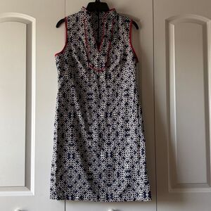 Eliza J Navy and White Geometric Sleeveless Sheath Dress with Red Trim